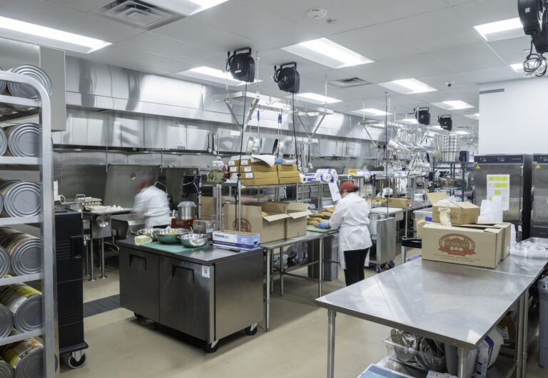 Commercial kitchen supporting the bakery, deli and hot food stations